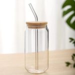 Tall Glass With Bamboo Lid And Glass Straw